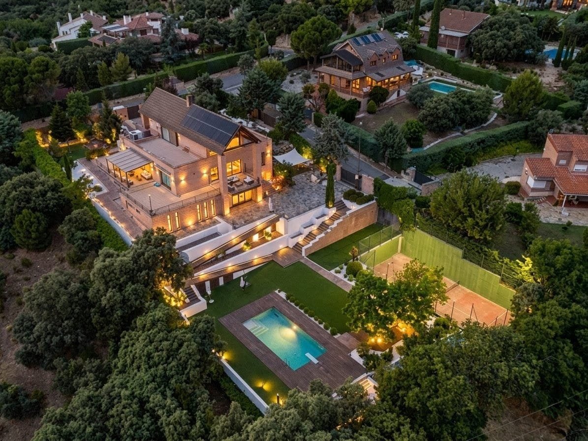 Vista aérea al atardecer de la propiedad completa con chalet iluminado, piscina, pista de pádel y jardín